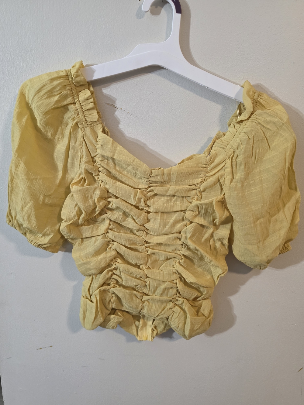 Yellow Ruched Puff-Sleeve Women’s Top
